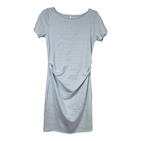 PinkBlush Maternity Dress Light Blue Heathered Short Sleeve Fitted Bodycon Knit - Picture 6 of 9